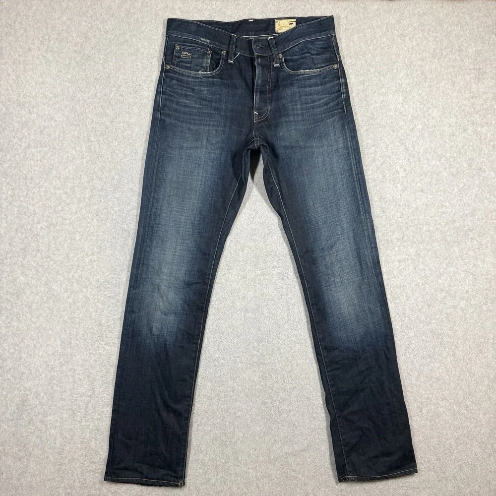 G Star RAW Jeans Men 31x34 Blue 3301 Straight Leg Dark Wash Button Fly Denim - Picture 1 of 12